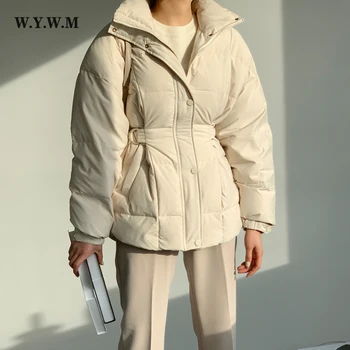 WYWM Zime Teplé Čerpať Späť Bunda Ženy kórejský Elegantné Puffer Parkas Lady Módne Stand-up Golier Bavlna Hrubé Žena Coats Obrázok 2