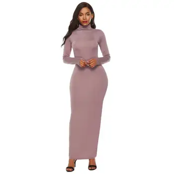 Plus Veľkosť Strany Jednofarebné Ženy Dlhý Rukáv Turtleneck Bodycon Maxi Šaty Obrázok 2