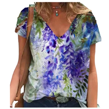 Nové 2021 Letný Kvetinový Tlač Tričko Ženy tvaru Voľné Ležérne Módne Tričko Dámske O-Krku Streetwear Topy Plus Veľkosť Oblečenie 3XL