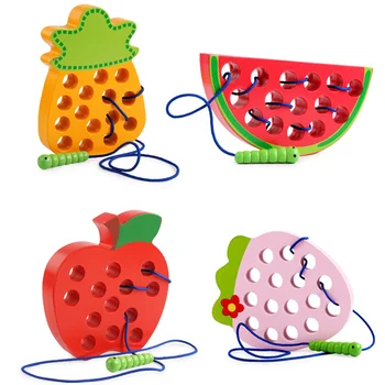 Montessori Detské Drevené Hračky Červa jesť Ovocie Jablko Hruška 3D Drevené Puzzle Hra, Vzdelávacie Hračky pre Deti, Darčeky Obrázok 2