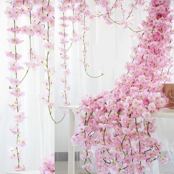 235cm Hodváb Sakura Cherry Blossom Viniča Lvy Umelé Falošné Sakura Ratan Stene Visí Girlandy DIY Veniec Svadobné Arch Domova