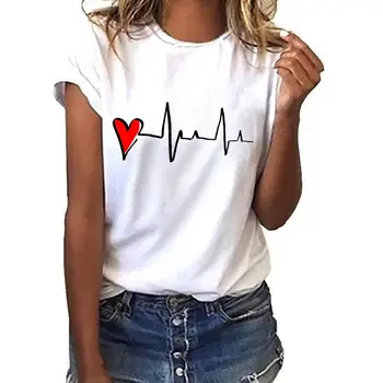 Tričko ženy retro T-shirt dámy Základné Harajuku krátkym rukávom v tvare srdca vytlačené T-shirt príležitostné O-neck top shirt ropa muje