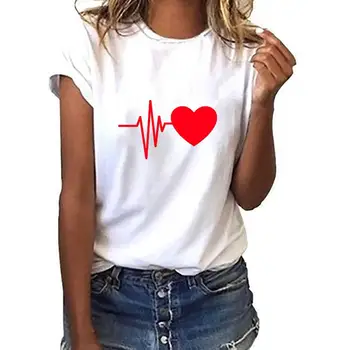 Tričko ženy retro T-shirt dámy Základné Harajuku krátkym rukávom v tvare srdca vytlačené T-shirt príležitostné O-neck top shirt ropa muje Obrázok 2