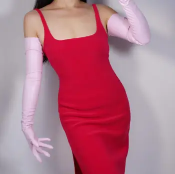Dámskej módy sexy štíhla faux pu kožené rukavice lady klub výkon formálnej strany kožený dlhý široký rukáv rukavice 50 cm R2032